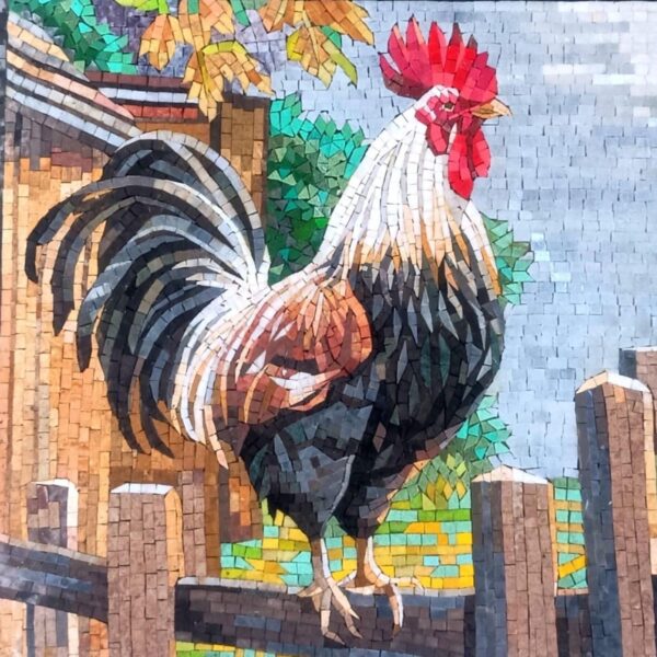 Mosaic Wall Decor - Rooster on a Fence - Natural Stone Art - Mosaic Tiles - Kitchen Backsplash - Handmade Art - Living Room Decor - Any Size