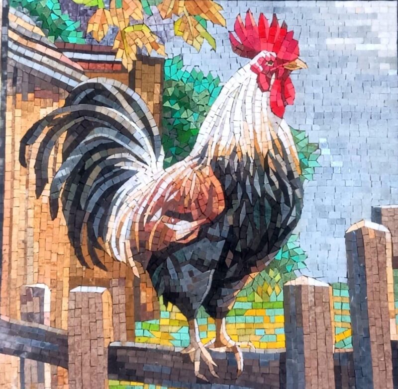 Mosaic Wall Decor - Rooster on a Fence - Natural Stone Art - Mosaic Tiles - Kitchen Backsplash - Handmade Art - Living Room Decor - Any Size