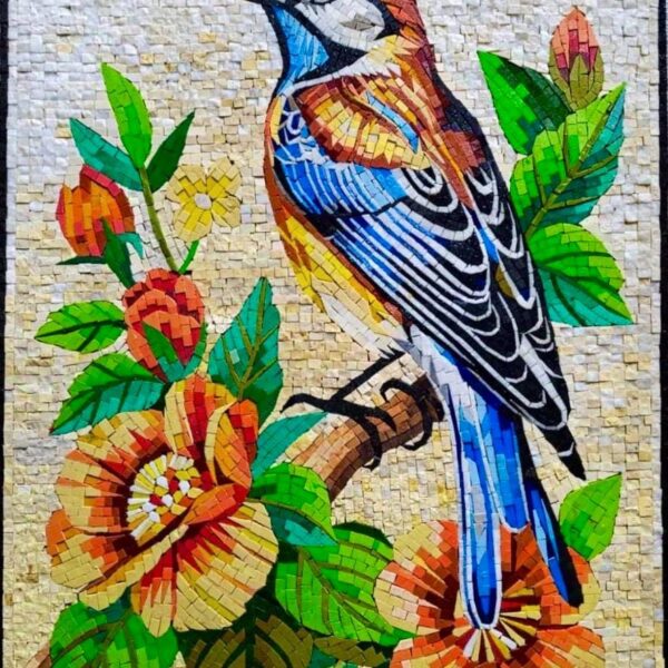 Handmade Stone Mosaic - Wall Art - Bird on a Flower - Elegant Home Decoration - Custom Size - Mosaic Tile Art - Colorful Unique Design