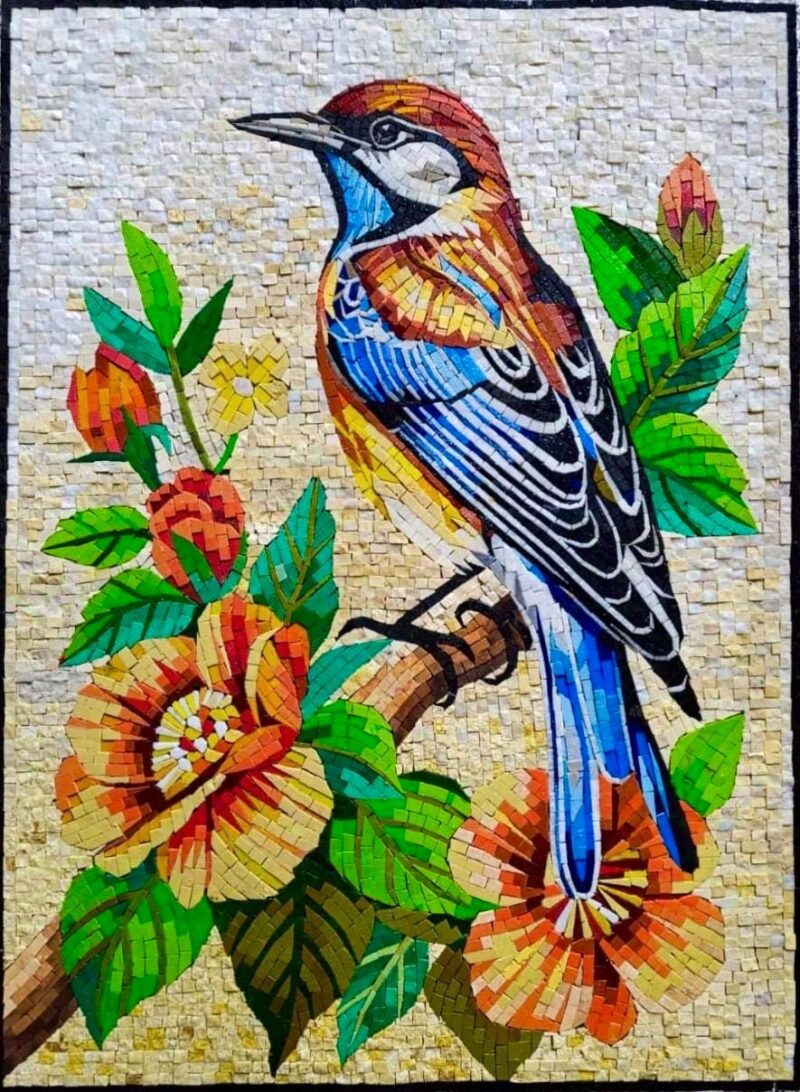 Handmade Stone Mosaic - Wall Art - Bird on a Flower - Elegant Home Decoration - Custom Size - Mosaic Tile Art - Colorful Unique Design