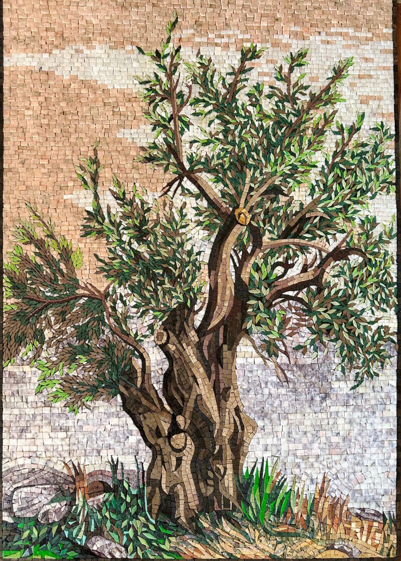 Olive Tree - Natural Stone Wall Art - Handmade Mosaic Tile Art - Custom Size - Artwork for Home Decor