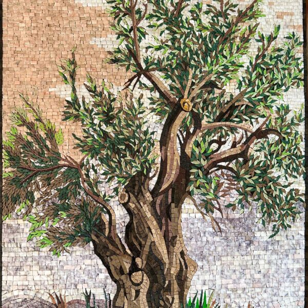 Olive Tree - Natural Stone Wall Art - Handmade Mosaic Tile Art - Custom Size - Artwork for Home Decor