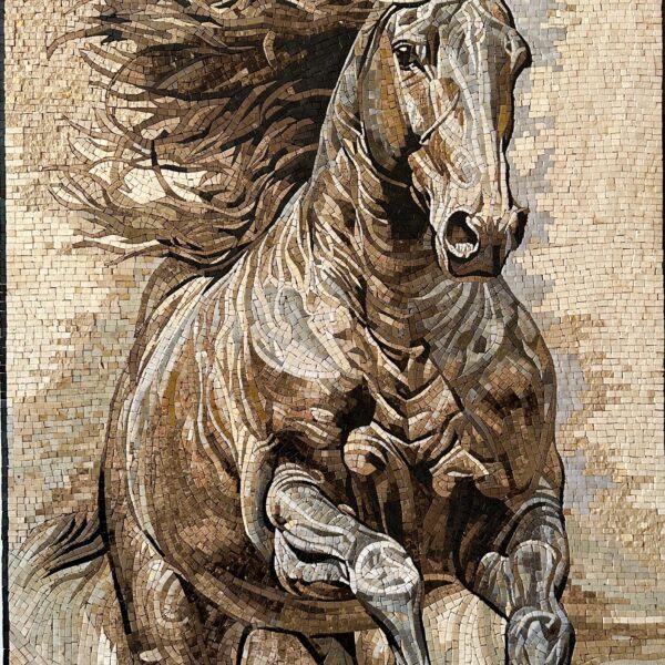 HORSE RUNNING WILD - Mosaic Tile Wall Art - Handmade from Natural Stone - Marble Tile Equine Artwork - Custom Size - Elegant Home Decor