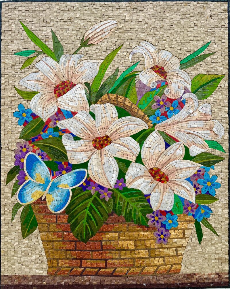 FLOWER BASKET with Butterfly - Handmade Mosaic Art - Living Room Wall Art - Colorful Decoration - Customizable - Interior Decor -Mosaic Tile