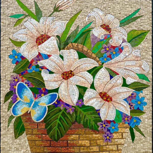 FLOWER BASKET with Butterfly - Handmade Mosaic Art - Living Room Wall Art - Colorful Decoration - Customizable - Interior Decor -Mosaic Tile