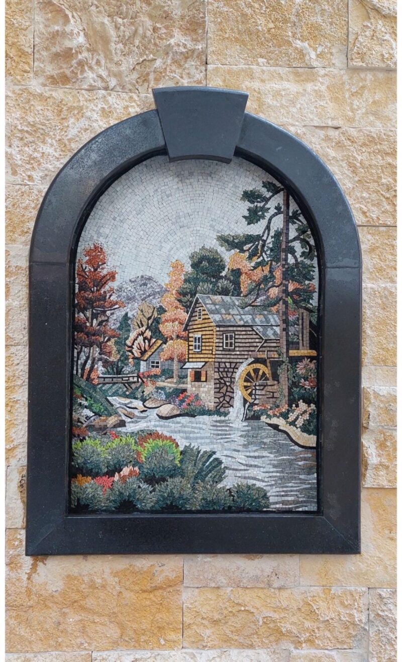 Mosaic Wall Art - Village Watermill - Natural Stone & Marble - Unique Home Decoration - Custom Sizes - Handmade Mosaic Tile Art - Vibrant - Image 3