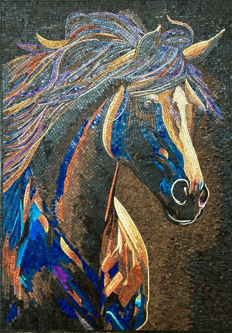 Wild Black Horse - Handcrafted Mosaic Art - For Horse Lovers - Natural Stone - Mosaic Tiles - Unique Design - Vibrant Colors - Any Size