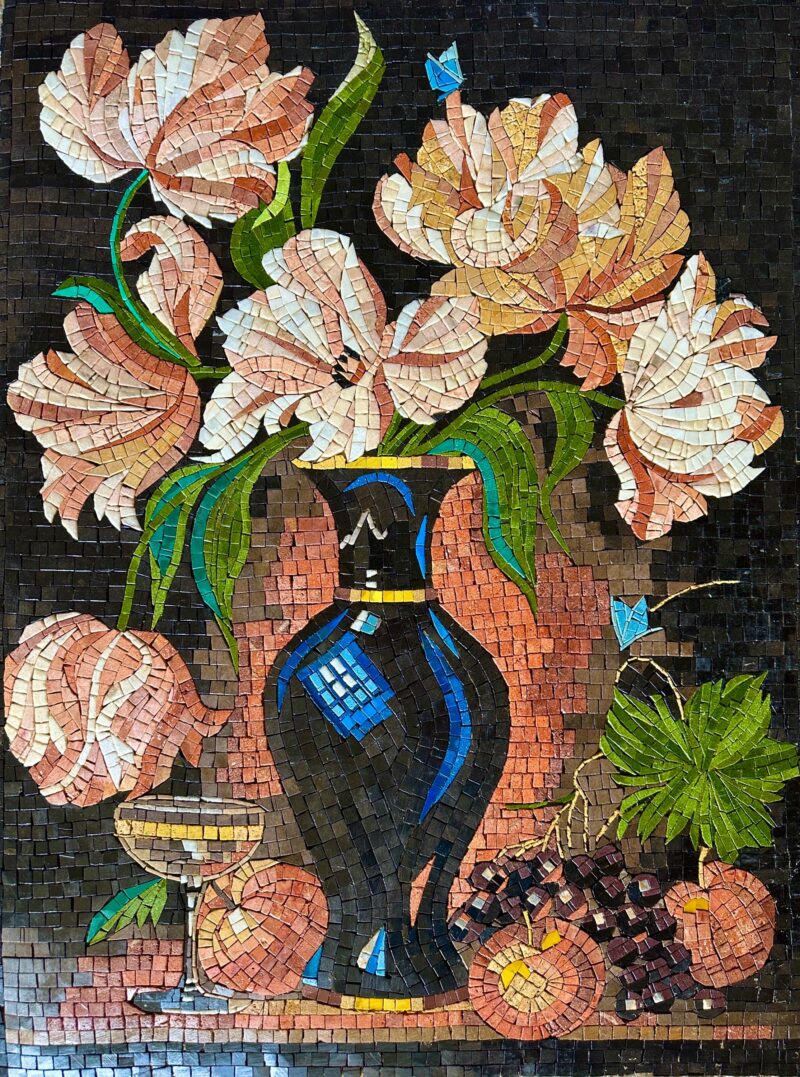 MOSAIC ART REPRODUCTION - Black Flower Vase - Natural Stone Mural - Mosaic Tile Art - Classy Home Decoration - Can be Customized