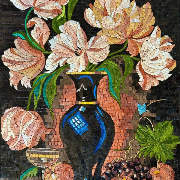 MOSAIC ART REPRODUCTION - Black Flower Vase - Natural Stone Mural - Mosaic Tile Art - Classy Home Decoration - Can be Customized