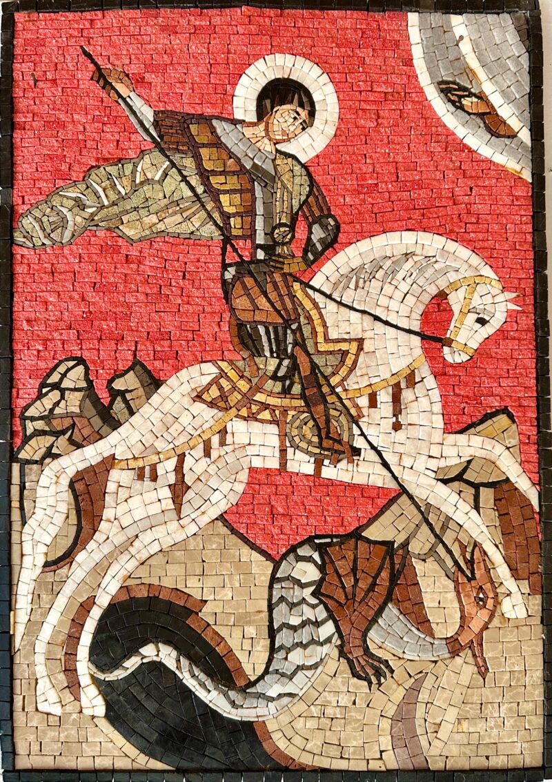 St. George Defeating the Evil Dragon - Handmade Religious Mosaic Art - Natural Stone - Custom Size