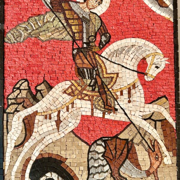 St. George Defeating the Evil Dragon - Handmade Religious Mosaic Art - Natural Stone - Custom Size