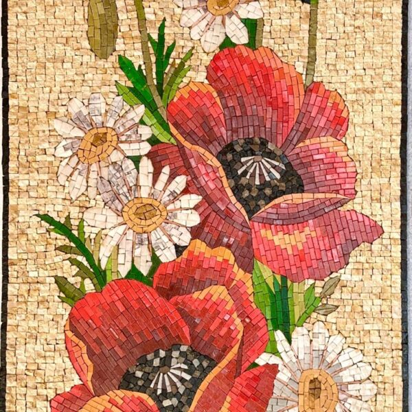 MAGNIFICENT MOSAIC ART - Poppy Flowers- Natural Stone Mural - Custom Size - Elegant Wall Decor - Vibrant Colors - Mosaic Tile Art - Marble