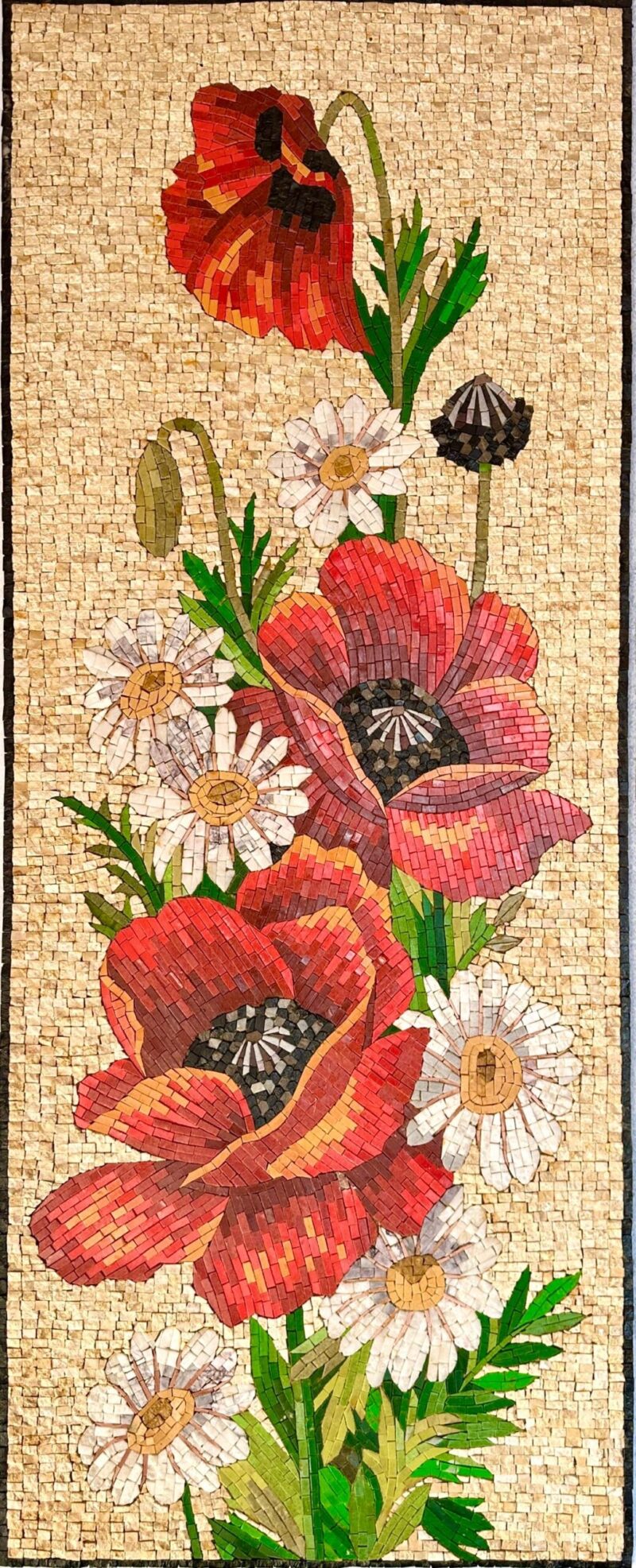 MAGNIFICENT MOSAIC ART - Poppy Flowers- Natural Stone Mural - Custom Size - Elegant Wall Decor - Vibrant Colors - Mosaic Tile Art - Marble