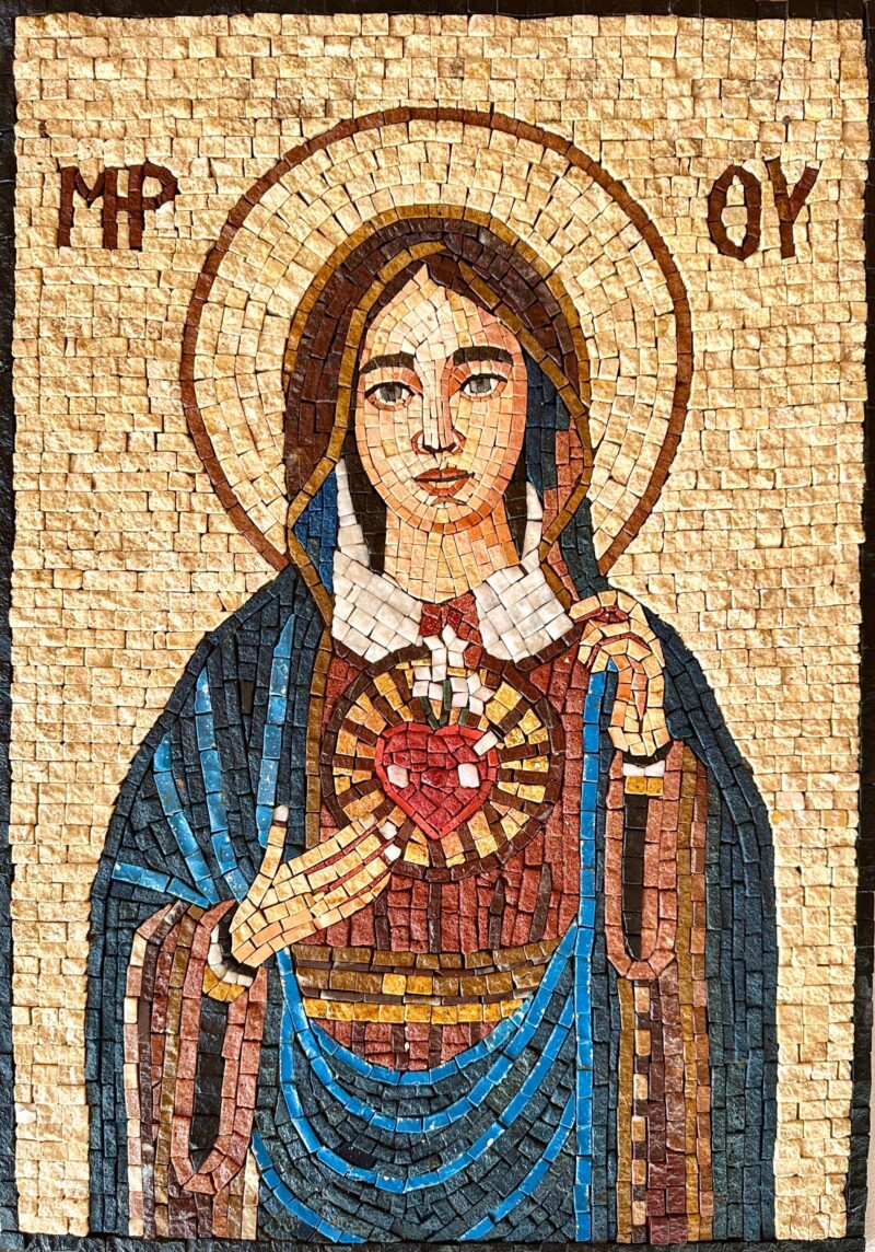 Mother of God MP OY - Handmade Religious Mosaic Art - Natural Stone and Marble - Christian Wall Art - Custom Size