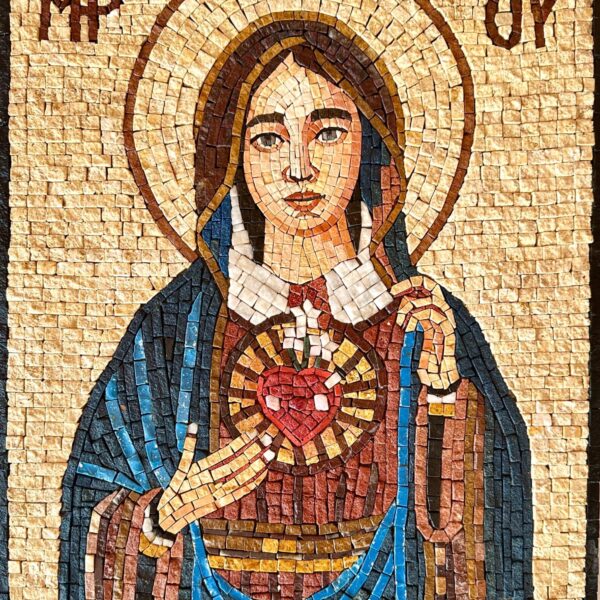 Mother of God MP OY - Handmade Religious Mosaic Art - Natural Stone and Marble - Christian Wall Art - Custom Size