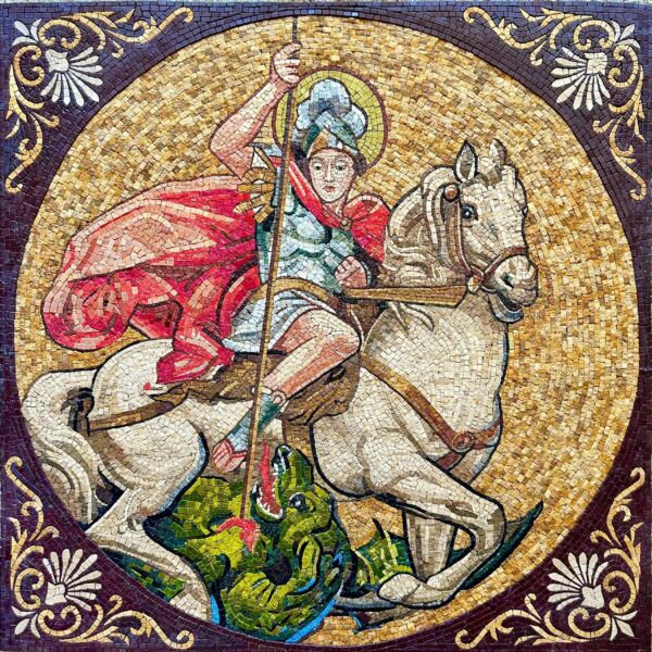 St. George Defeating the Dragon - Religious Mosaic Wall Art - Handmade Natural Stone Mural - Unique Icon - Custom Sizes