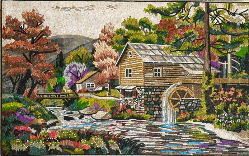 Mosaic Wall Art - Village Watermill - Natural Stone & Marble - Unique Home Decoration - Custom Sizes - Handmade Mosaic Tile Art - Vibrant - Image 4