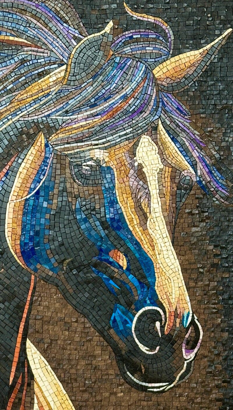 Wild Black Horse - Handcrafted Mosaic Art - For Horse Lovers - Natural Stone - Mosaic Tiles - Unique Design - Vibrant Colors - Any Size - Image 4