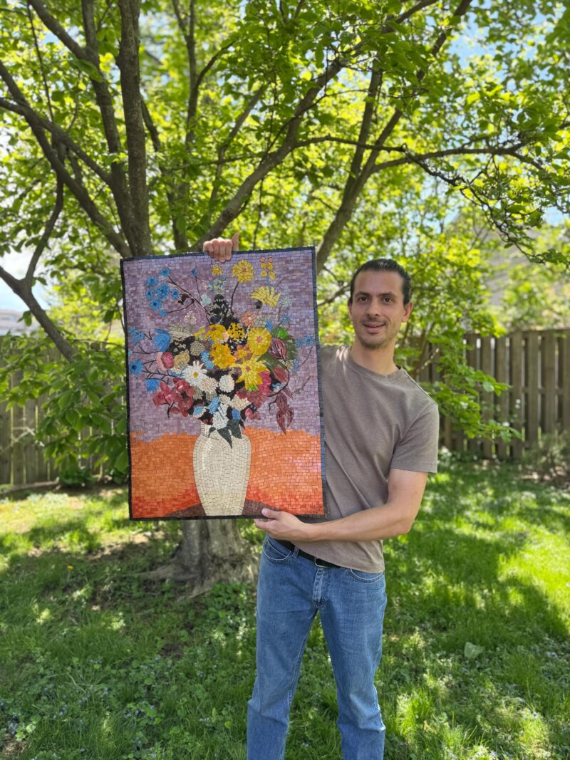 Handmade Mosaic Wall Art Reproduction (Odilon Redon, 1916) - White Vase with Flowers - Natural Stone Mural - Colorful & Vibrant Decoration - Image 4