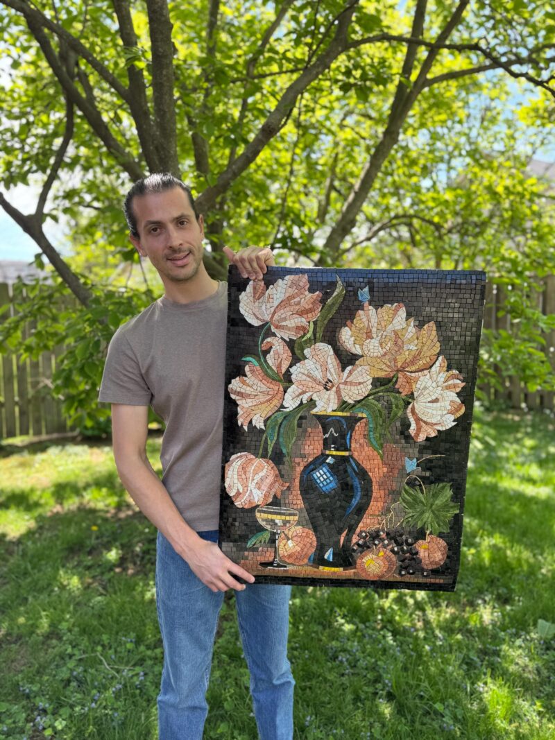 MOSAIC ART REPRODUCTION - Black Flower Vase - Natural Stone Mural - Mosaic Tile Art - Classy Home Decoration - Can be Customized - Image 2