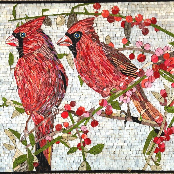 MOSAIC ART - Red Cardinals - Handmade Natural Stone Mural - Mosaic Tile Wall Art - Vibrant Home Decoration - Custom Made - Colorful Art