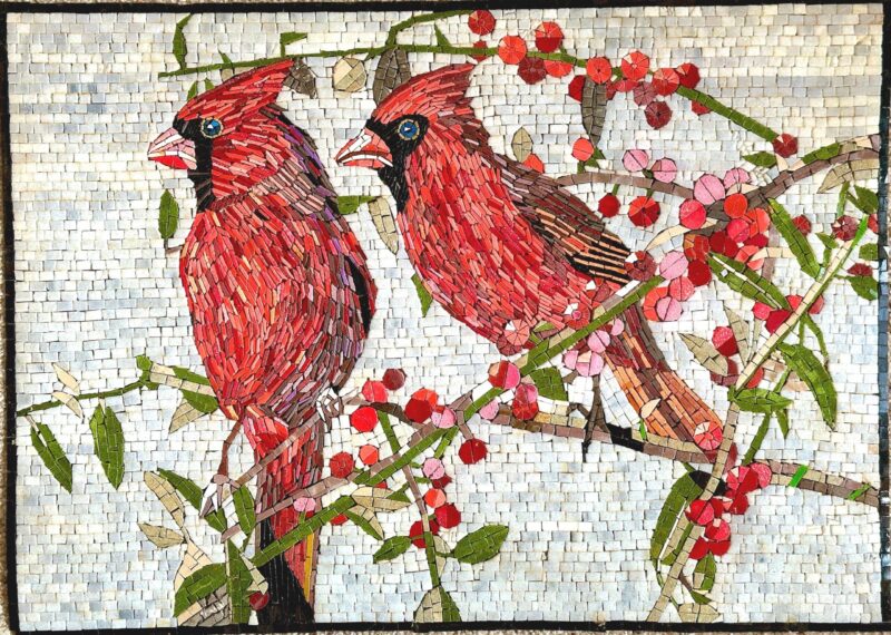 MOSAIC ART - Red Cardinals - Handmade Natural Stone Mural - Mosaic Tile Wall Art - Vibrant Home Decoration - Custom Made - Colorful Art
