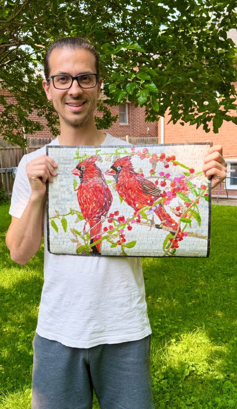 MOSAIC ART - Red Cardinals - Handmade Natural Stone Mural - Mosaic Tile Wall Art - Vibrant Home Decoration - Custom Made - Colorful Art - Image 5