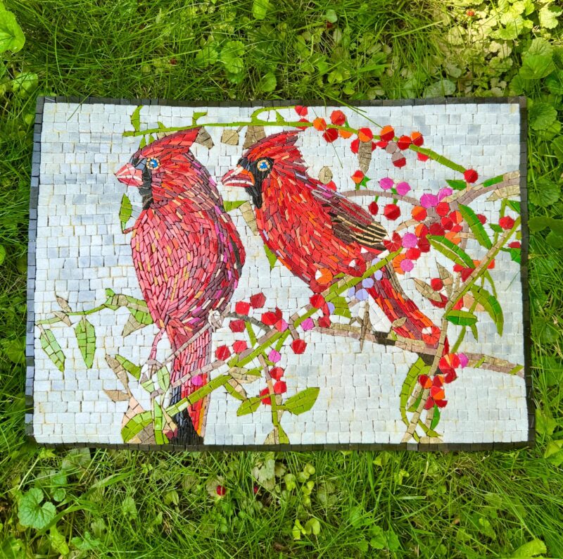 MOSAIC ART - Red Cardinals - Handmade Natural Stone Mural - Mosaic Tile Wall Art - Vibrant Home Decoration - Custom Made - Colorful Art - Image 6
