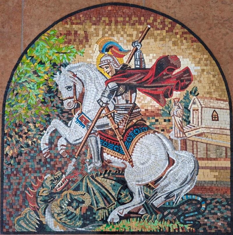 St George Defeating the Dragon - Religious Mosaic Art - Handmade with Marble & Natural Stone - Living Room and Chapel Decor - Wall Art - Image 3