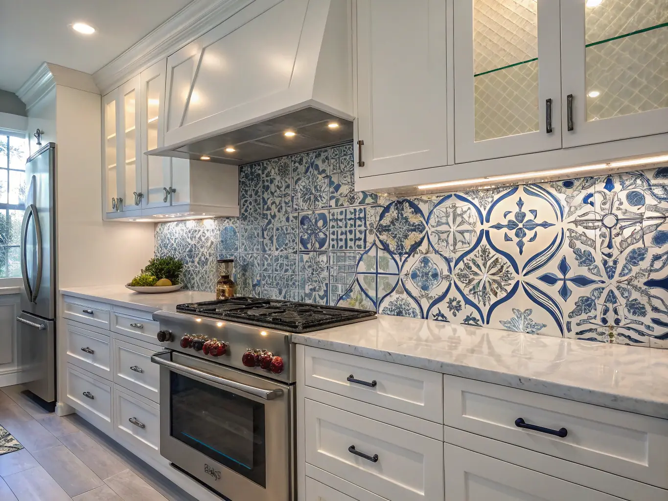 A custom mosaic backsplash for a kitchen, featuring intricate geometric and floral patterns made from polished stone tiles in warm earth tones. The design is elaborate, with detailed inlay work, and covers a section of a modern kitchen wall.
