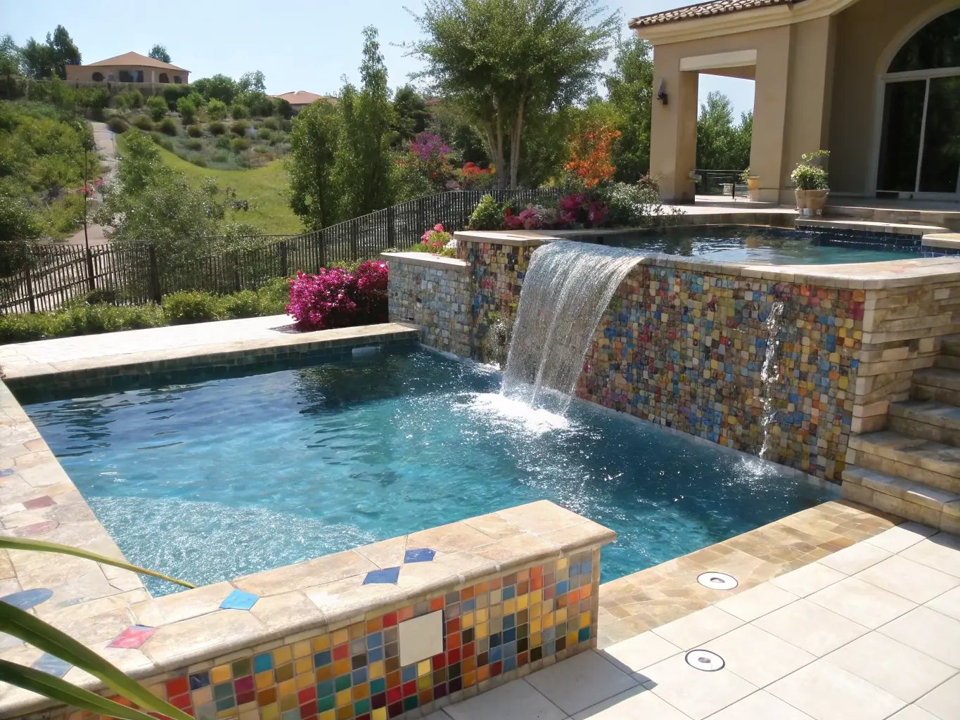 A vibrant mosaic design for an 'Outdoor Pool Mosaic', with colorful glass and stone tiles arranged in flowing, organic patterns. The mosaic is weather-resistant, with a glossy finish, and depicts a lively, intricate design suitable for outdoor use.