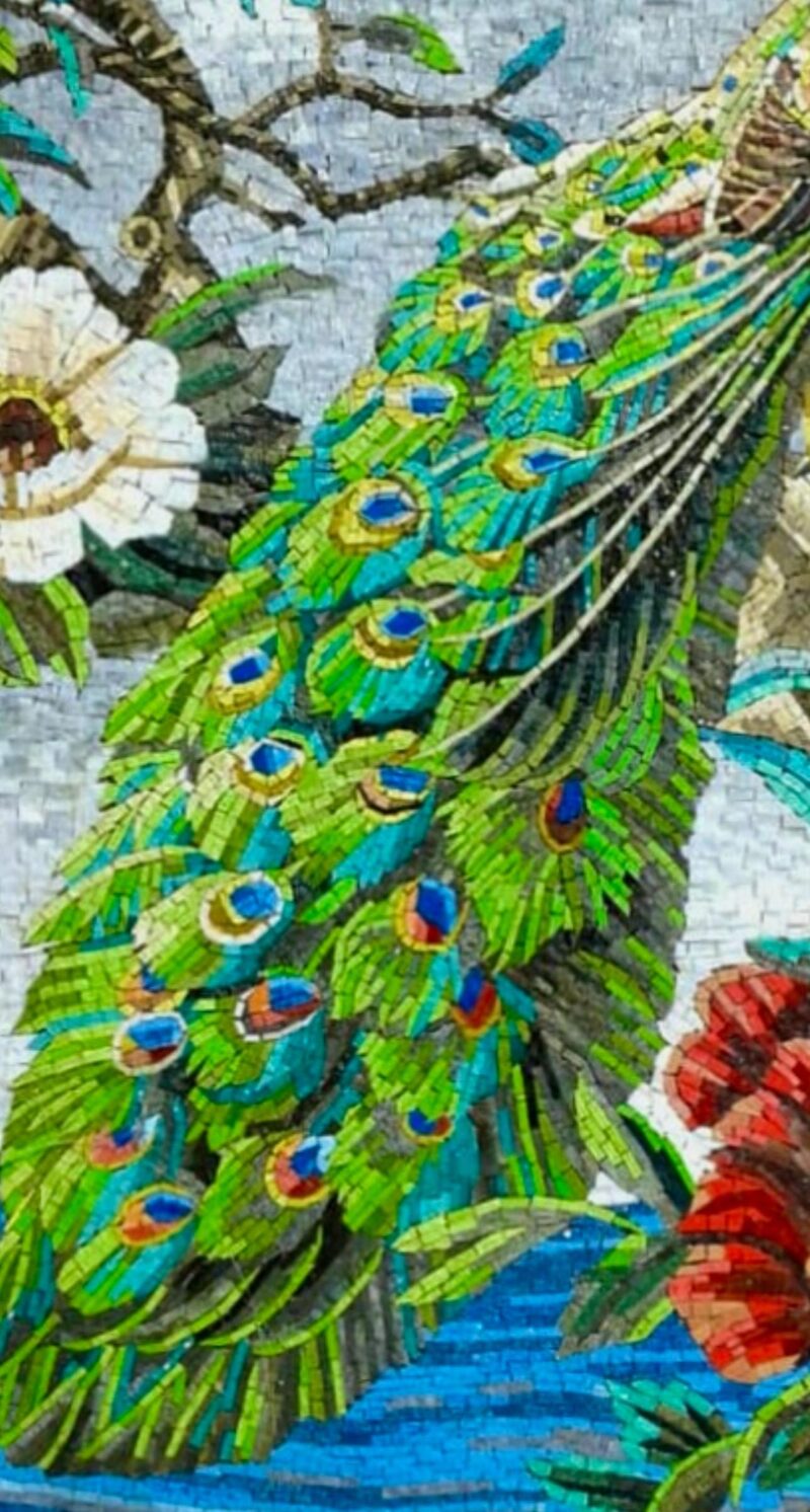 Peacock & Magnolia Mosaic - Handmade Natural Stone and Marble Wall Art - Luxury Bird Artwork - Indoor/Outdoor - Vibrant Colors - Mosaic Tile - Image 6