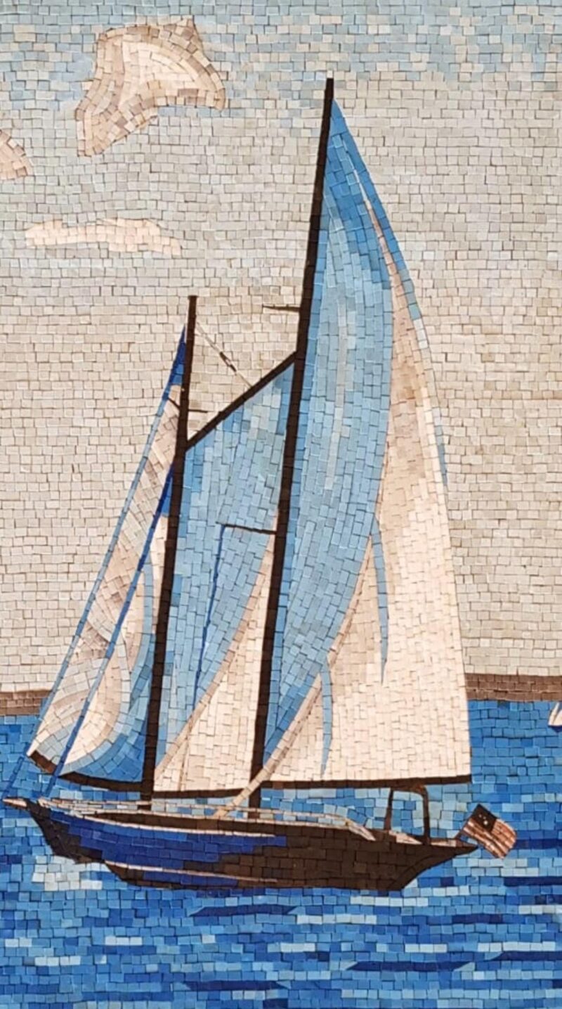 Open Sea Sailboat - Handmade Mosaic Wall Art - Mosaic Tiles - Stone & Smalti - Home Decoration - Nautical Coastal Decor - Custom Sizes - Image 4