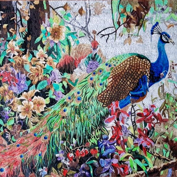Peacock In Blooming Flowers Mosaic - Handcrafted Natural Stone - Marble Wall Art - Luxury Bird Artwork - Indoor/Outdoor - Vibrant Colors