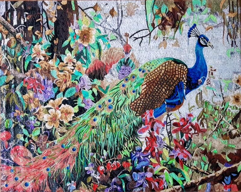 Peacock In Blooming Flowers Mosaic - Handcrafted Natural Stone - Marble Wall Art - Luxury Bird Artwork - Indoor/Outdoor - Vibrant Colors