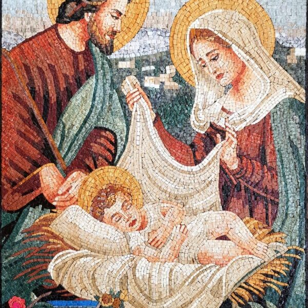 Handmade Nativity Scene Mosaic with Baby Jesus - Religious Wall Art - Natural Stone & Marble - Sacred Home Decoration - Custom Sizes