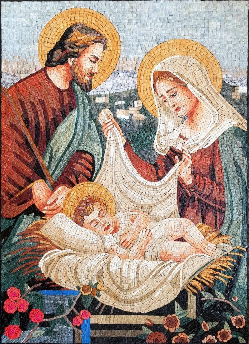 Handmade Nativity Scene Mosaic with Baby Jesus - Religious Wall Art - Natural Stone & Marble - Sacred Home Decoration - Custom Sizes