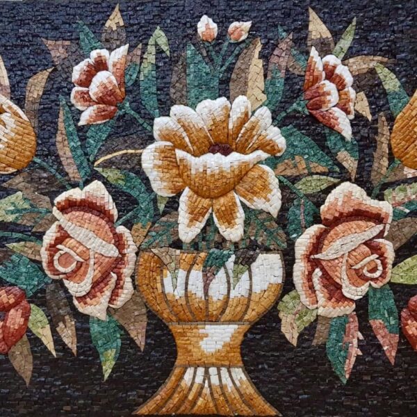 HANDMADE MOSAIC ART - Flower Vase on Black Background - Stone & Marble - Wall Decoration - Indoor/Outdoor - Garden Accent - Handcrafted