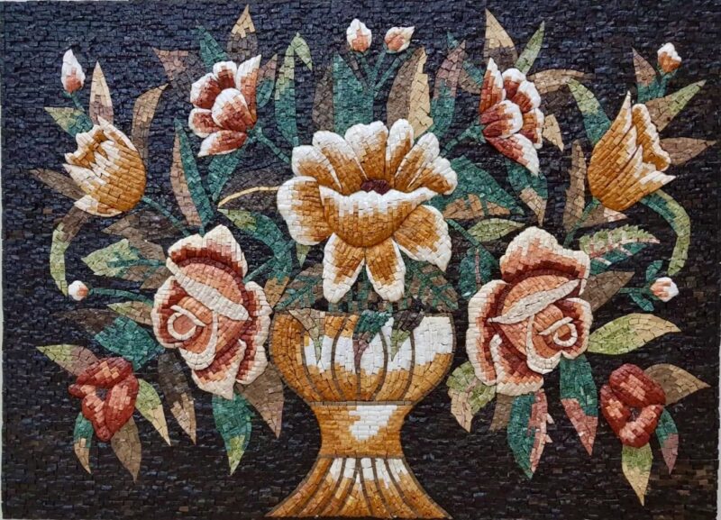 HANDMADE MOSAIC ART - Flower Vase on Black Background - Stone & Marble - Wall Decoration - Indoor/Outdoor - Garden Accent - Handcrafted