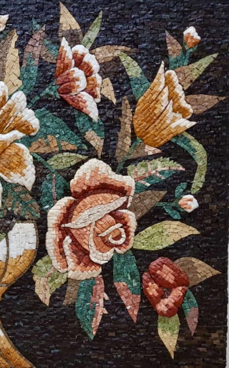HANDMADE MOSAIC ART - Flower Vase on Black Background - Stone & Marble - Wall Decoration - Indoor/Outdoor - Garden Accent - Handcrafted - Image 4