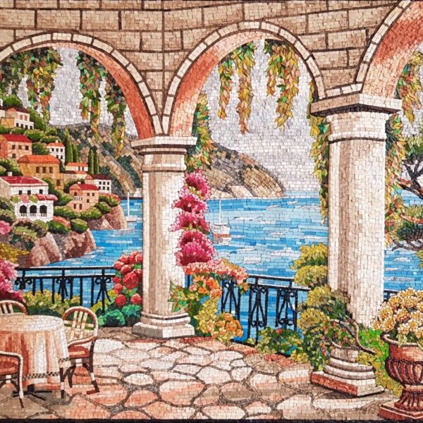 Mediterranean Coastal Terrace Mosaic - Luxury Handmade Wall Art - Marble & Stone - Custom Sizes - European Villa with Vibrant Flowers