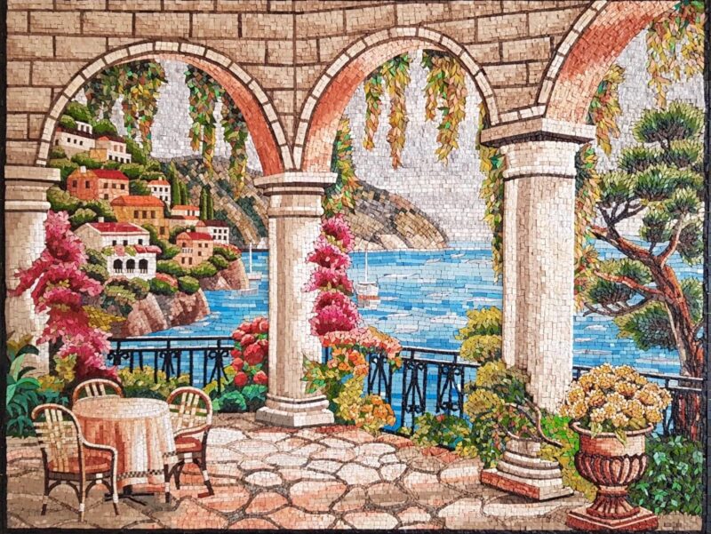 Mediterranean Coastal Terrace Mosaic - Luxury Handmade Wall Art - Marble & Stone - Custom Sizes - European Villa with Vibrant Flowers