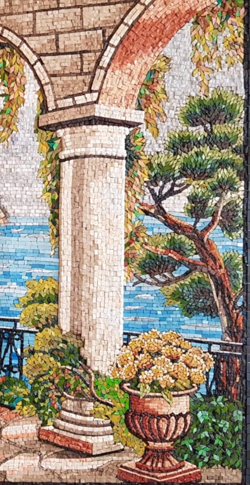 Mediterranean Coastal Terrace Mosaic - Luxury Handmade Wall Art - Marble & Stone - Custom Sizes - European Villa with Vibrant Flowers - Image 6