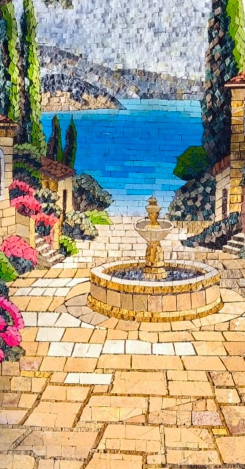 Mediterranean Courtyard Mosaic Wall Art – Luxury Handmade Marble & Stone Artwork - Italian Coastal Village - Seaview Decor - Custom Sizes - Image 4