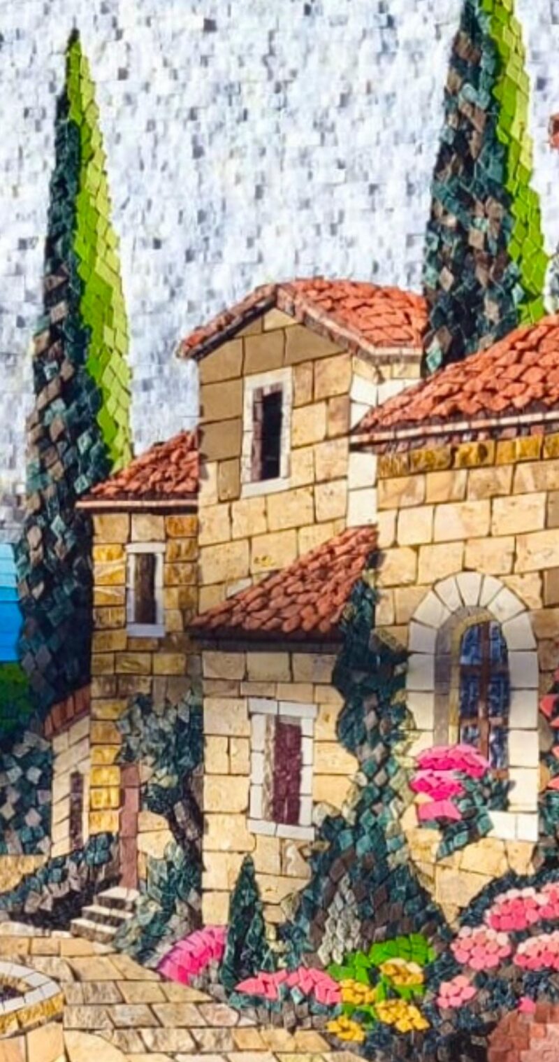 Mediterranean Courtyard Mosaic Wall Art – Luxury Handmade Marble & Stone Artwork - Italian Coastal Village - Seaview Decor - Custom Sizes - Image 8
