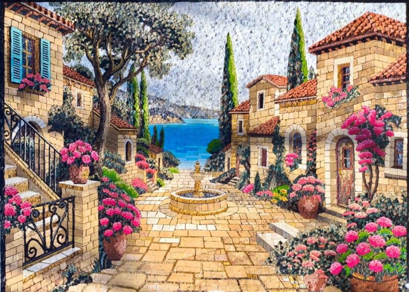 Mediterranean Courtyard Mosaic Wall Art – Luxury Handmade Marble & Stone Artwork - Italian Coastal Village - Seaview Decor - Custom Sizes