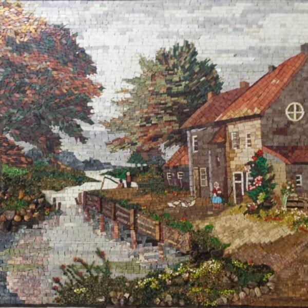 Countryside River Cottage Mosaic - Handmade Rustic Marble & Stone Artwork - European Village Landscape Wall Decor - Living Room Decor