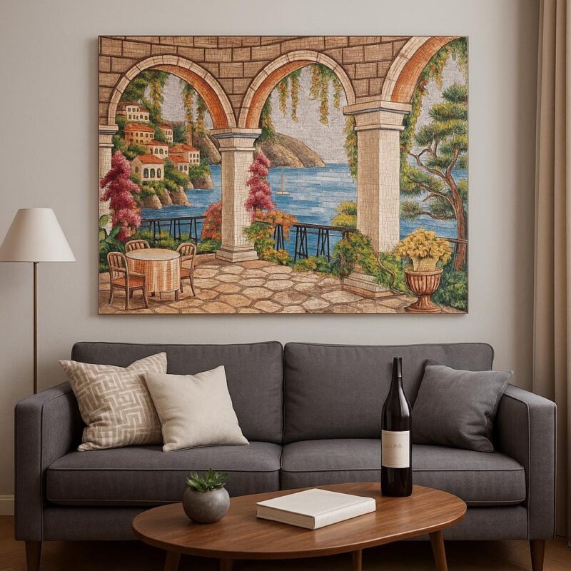 Mediterranean Coastal Terrace Mosaic - Luxury Handmade Wall Art - Marble & Stone - Custom Sizes - European Villa with Vibrant Flowers - Image 8