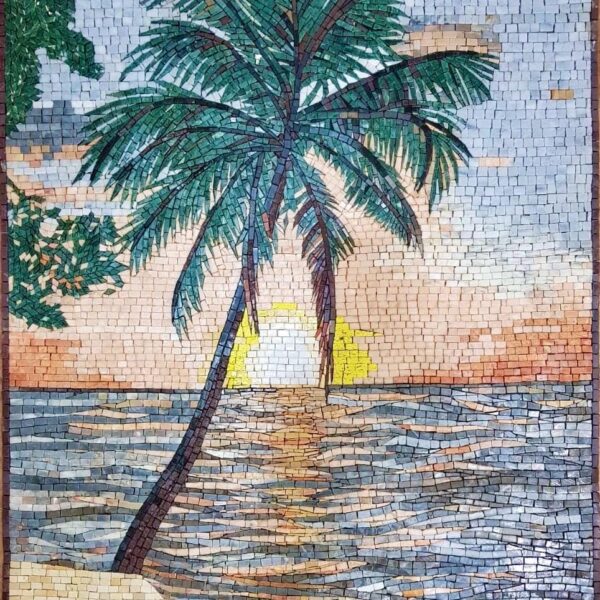 Tropical Beach Sunset Stone Mosaic Wall Art - Handmade Palm Tree Seascape for Indoor & Outdoor Decor - Home Decoration - Custom Sizes