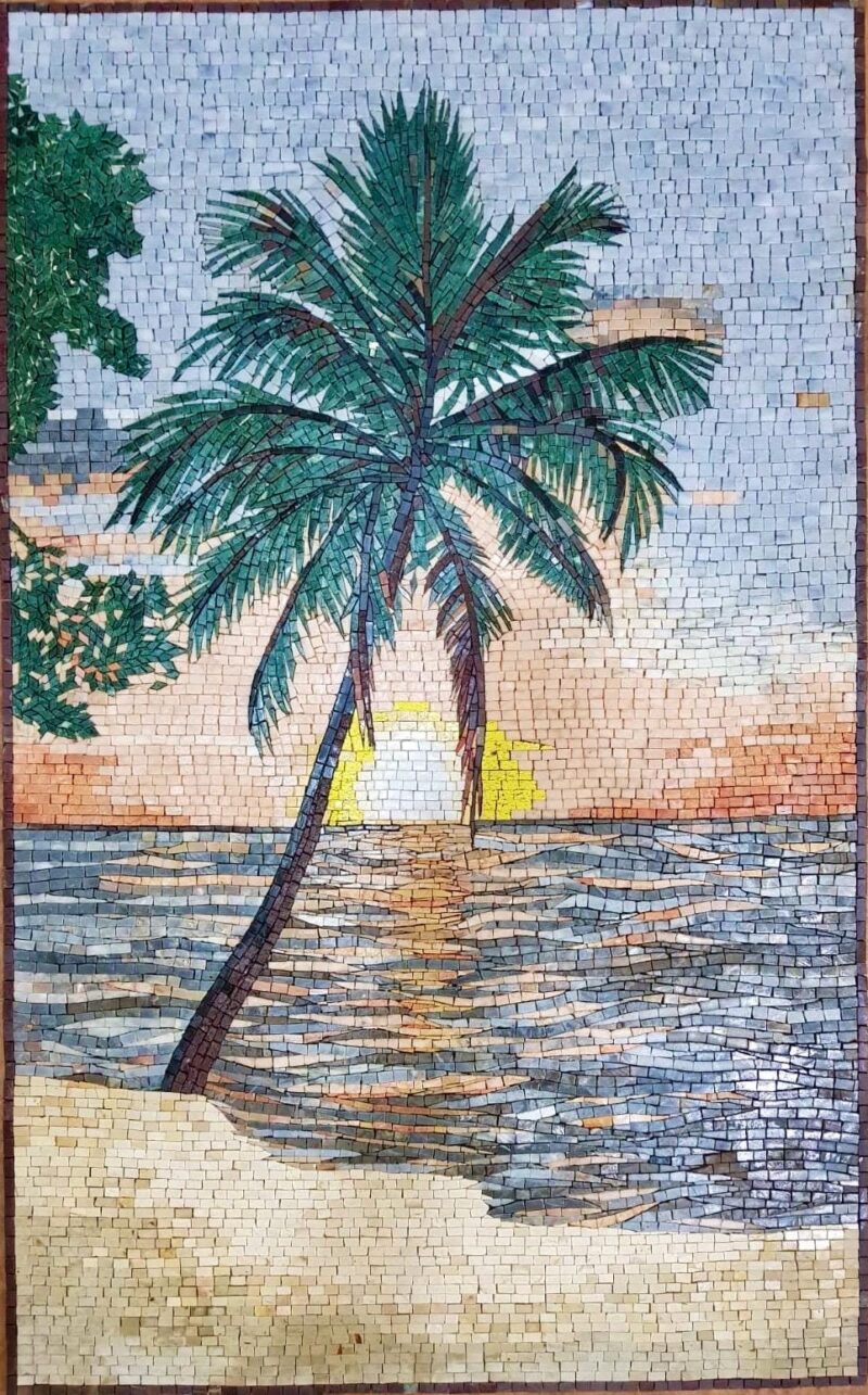 Tropical Beach Sunset Stone Mosaic Wall Art - Handmade Palm Tree Seascape for Indoor & Outdoor Decor - Home Decoration - Custom Sizes